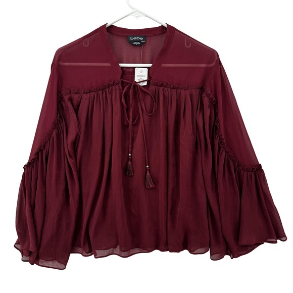 Bebe Flared Sleeve Trophy Top Womens Small Burgundy Clara Boho Peasant Sheer NWT - Picture 1 of 10